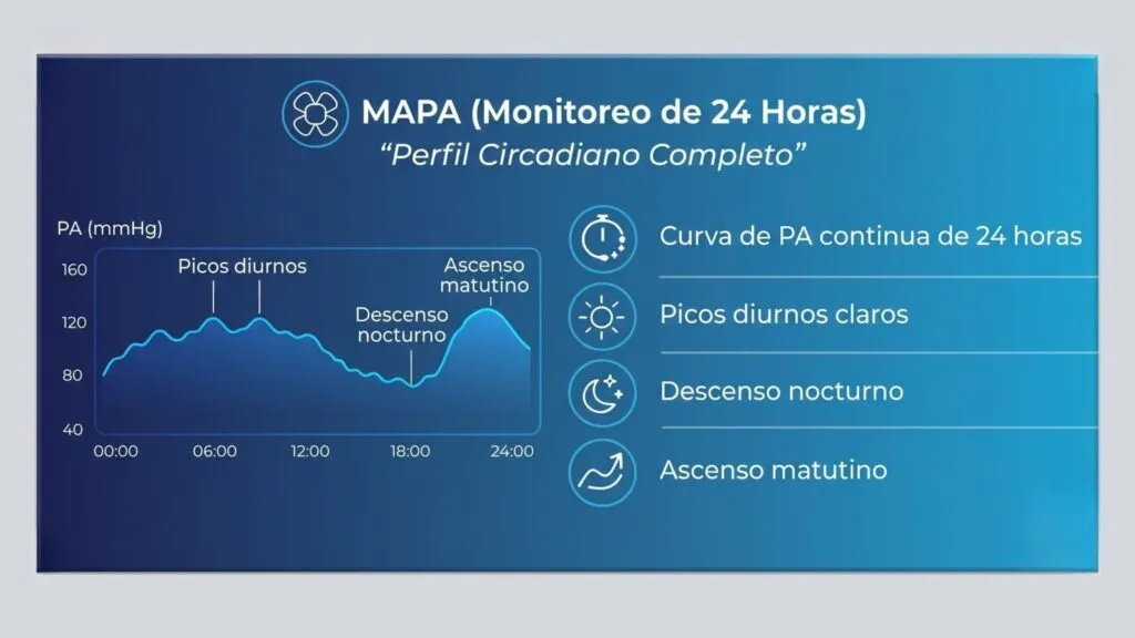 Esquema de una curva de presión arterial de 24 horas con variaciones diurnas, descenso nocturno y ascenso matutino