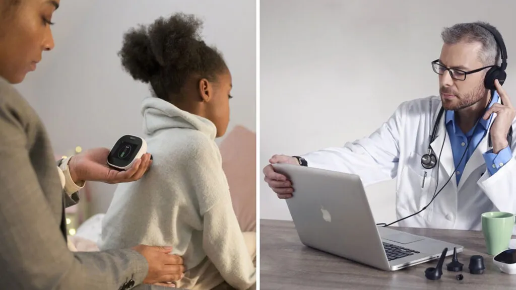 Composición de una persona que aplica un dispositivo en la espalda de un niño y un profesional que observa una tableta con auriculares