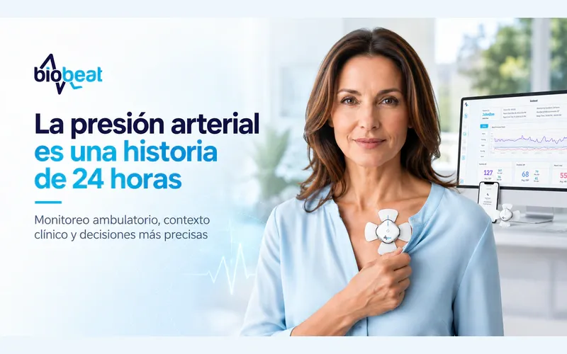 Paciente utilizando monitor Biobeat para seguimiento ambulatorio de presión arterial durante 24 horas