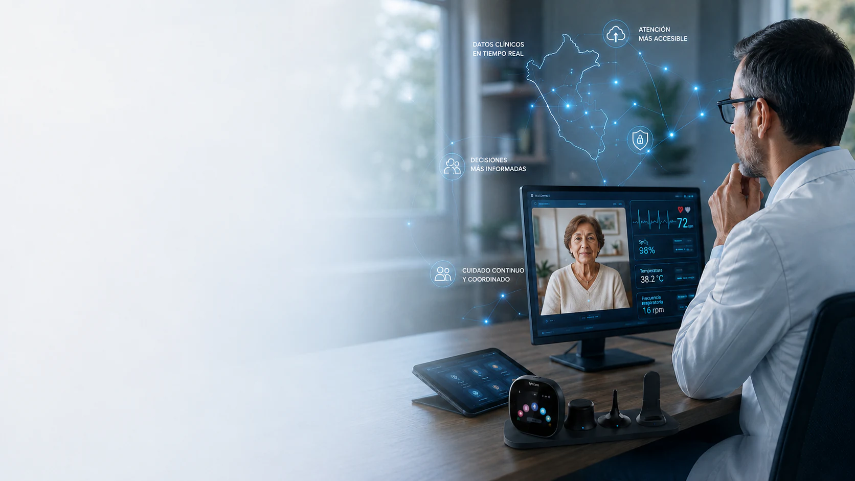 Profesional de salud brinda atención clínica remota con tecnología médica y dispositivos conectados