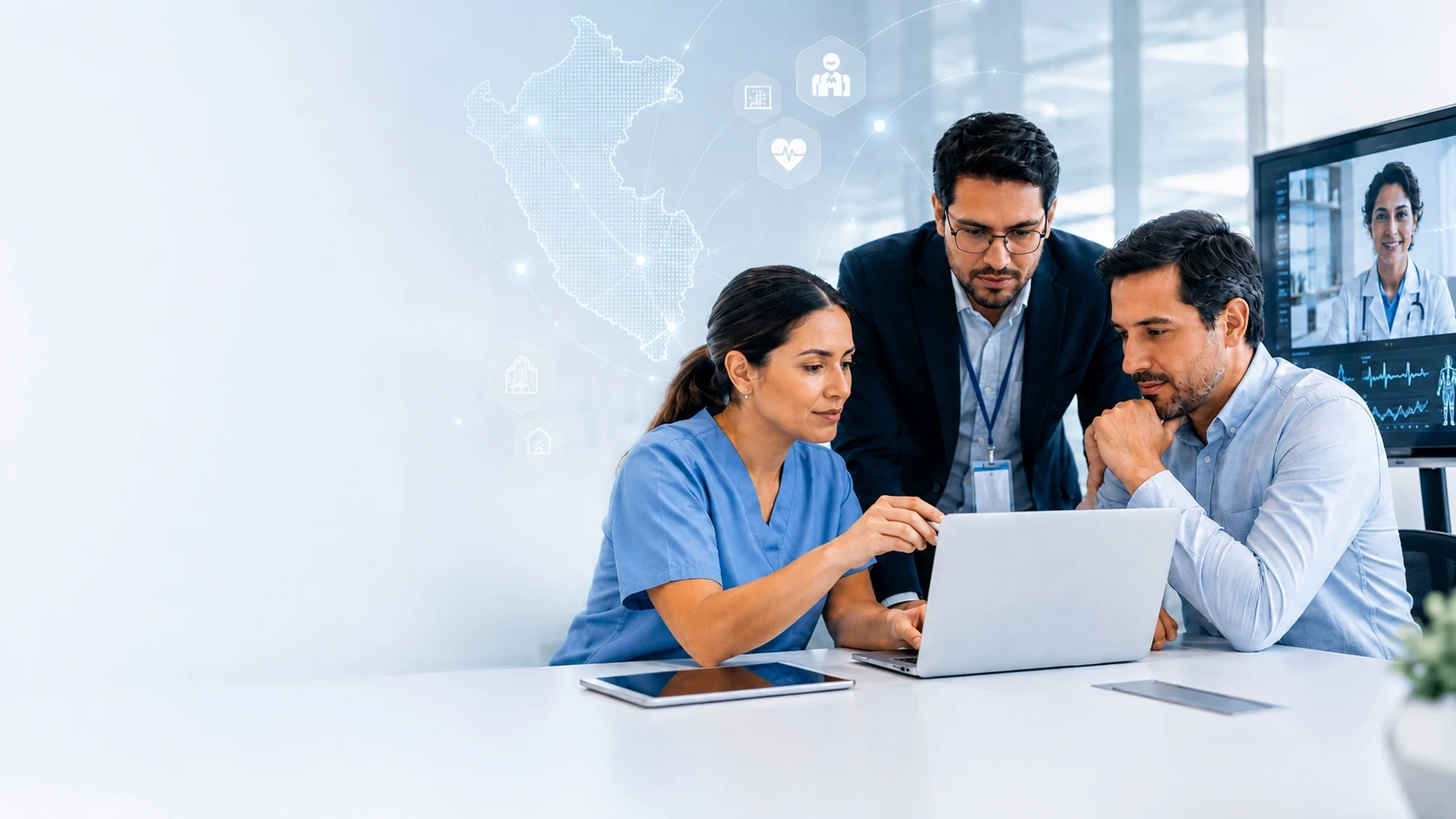 Equipo de salud y gestión revisando un modelo de atención digital conectado