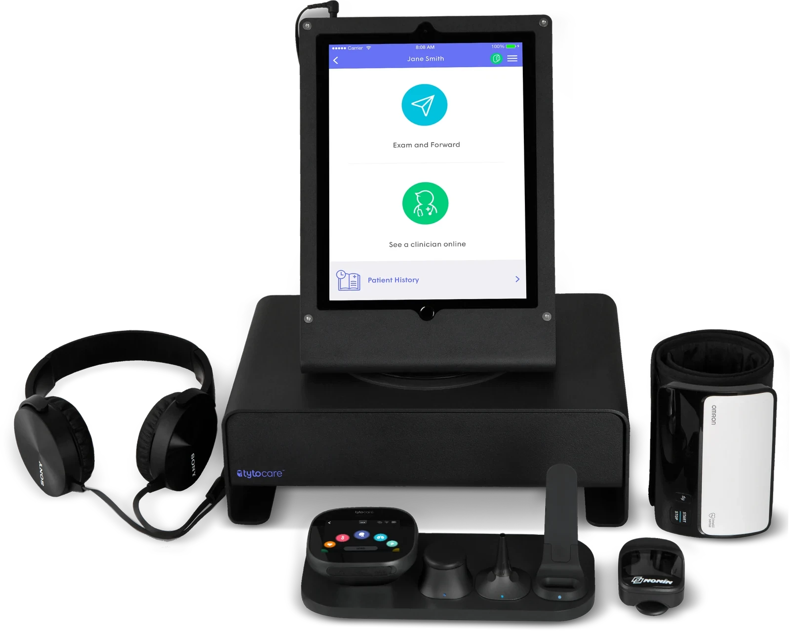 Estación TytoClinic con tableta, auriculares, dispositivos y accesorios clínicos