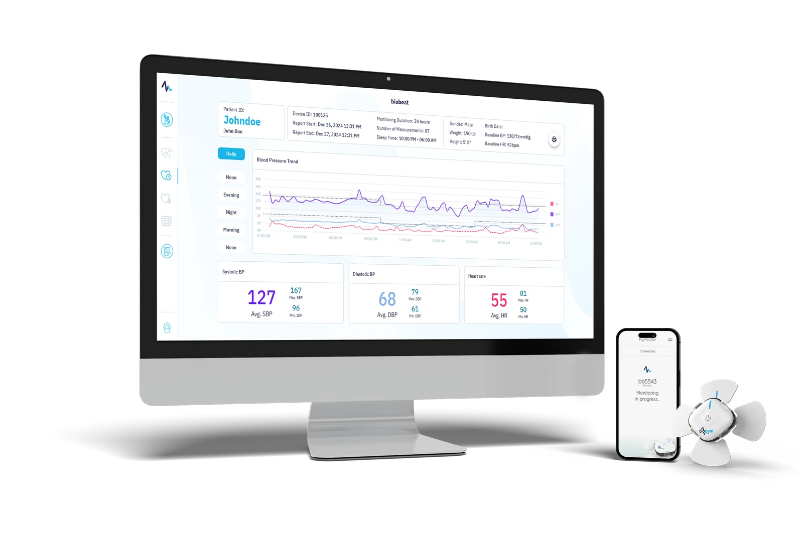 Computadora, teléfono y monitor de pecho Biobeat mostrando la plataforma de monitoreo